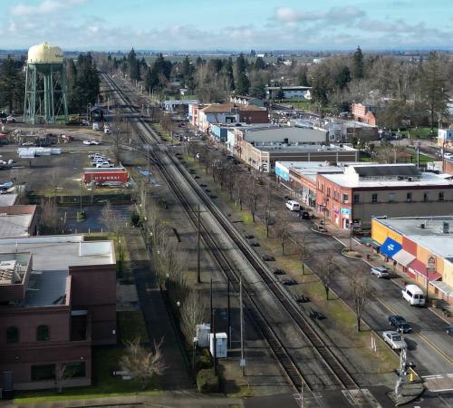 drone view of downtown woodburn