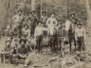 A group photograph of the loggers for Livesay Lumber in the 1920's, a black and white photograph set in the woods