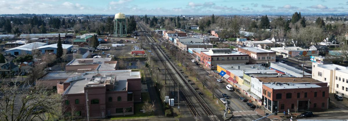 drone view of downtown woodburn